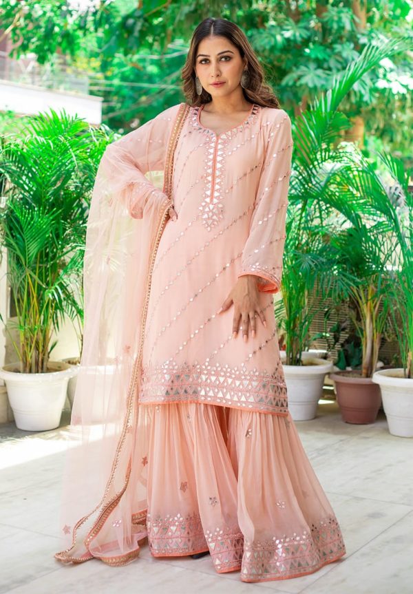 Peach Pink Garara Suit with Faux Leather Work – Jugni Designers